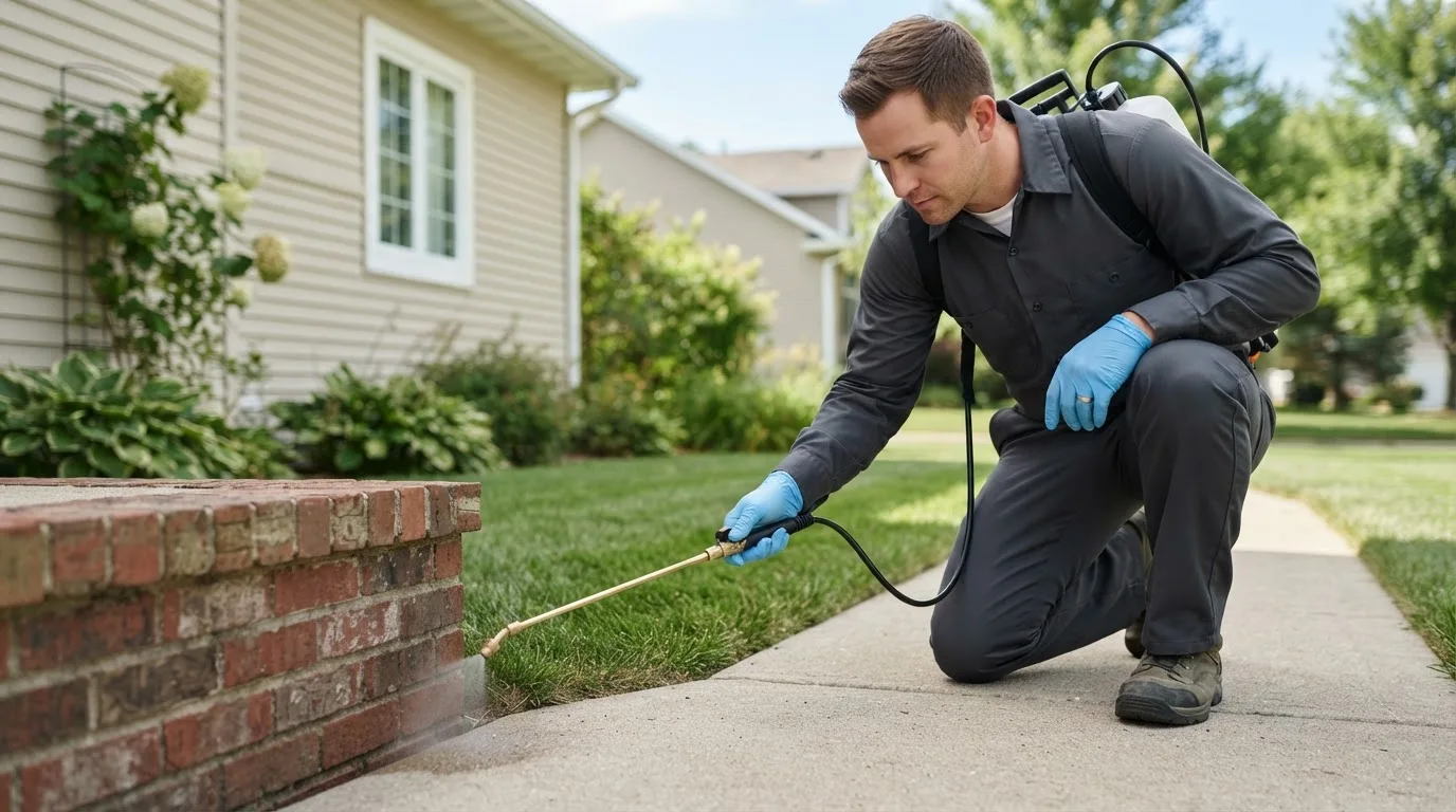 Pest control technician treating a home near Donnelsville, OH