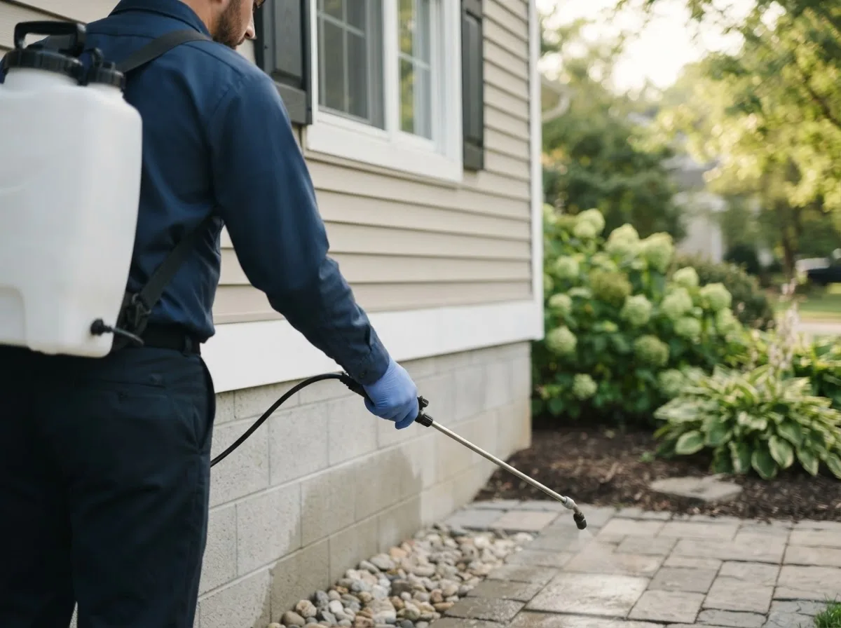 Pest control technician inspecting a home in Donnelsville, OH